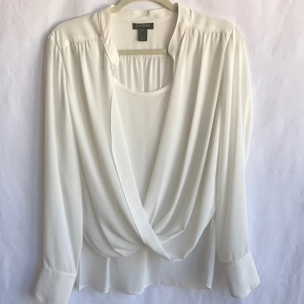 Cartise cream silky semi-sheer high-low crossover blouse, size 6 - Picture 1 of 8